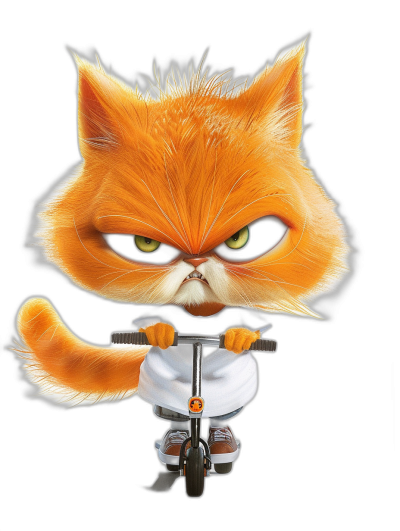 grumpy orange cat cartoon character, wearing a white t-shirt and shorts riding a scooter against a black background, with a big head and small body in the style of chibi style, 3d rendered in the pixar artstyle.