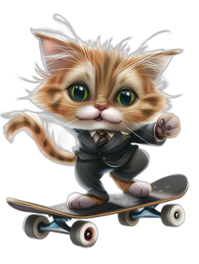 digital art of cute kitten , wear suit, riding skateboard , black background, green eyes, cartoon character , big head small body and legs