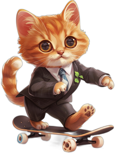 a cute ginger cat in suit and tie riding on skateboard, vector illustration by [Tim Shumate](https://goo.gl/search?artist%20Tim%20Shumate), black background, high contrast colors, cute, adorable, intricately-detailed, delicate, beautiful, stunning, breathtaking, intricate detail, insanely detailed, hyper-realistic