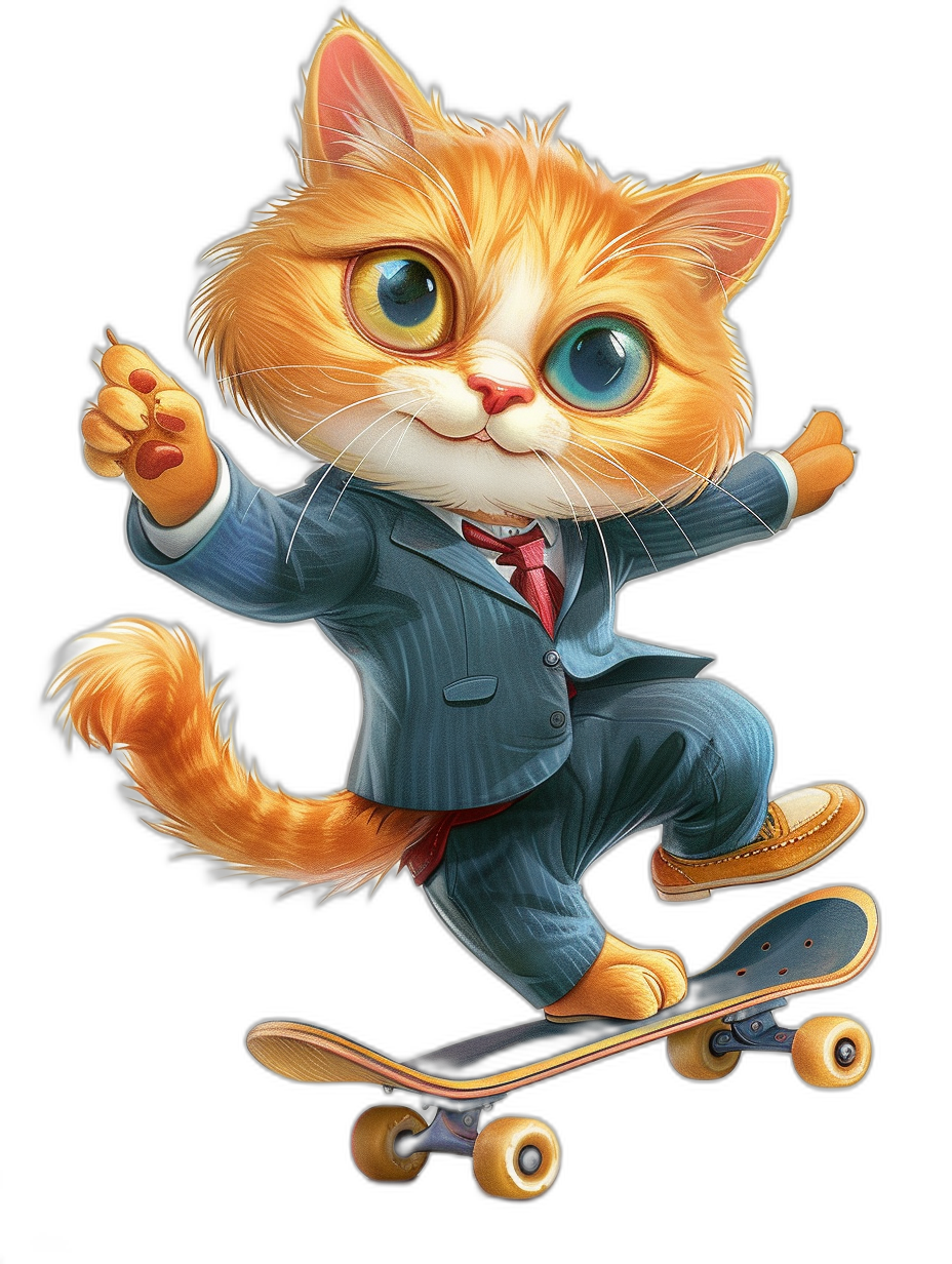 Cute cartoon cat in a suit and tie riding a skateboard on a bold black background in the style of digital art with cute cartoonish character designs and hyper-realistic illustrations in high resolution.