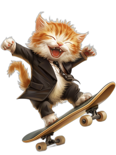 digital art of cute and happy cat wearing suit , skating on skateboard, black background, full body