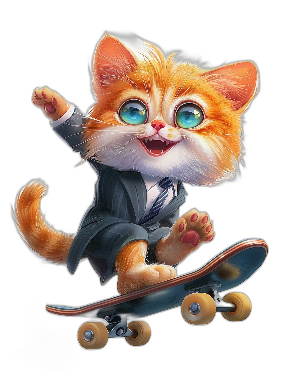 Cute cat cartoon character in a suit, riding on a skateboard, with big eyes and a happy expression, cute and adorable, in the detailed digital art style of an unknown artist, on a solid black background with bright colors and high resolution.