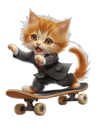 digital art of a cute and happy kitten, wearing a suit and riding on a skateboard against a black background with a pastel color theme, in the style of hyper realistic and super detailed art.