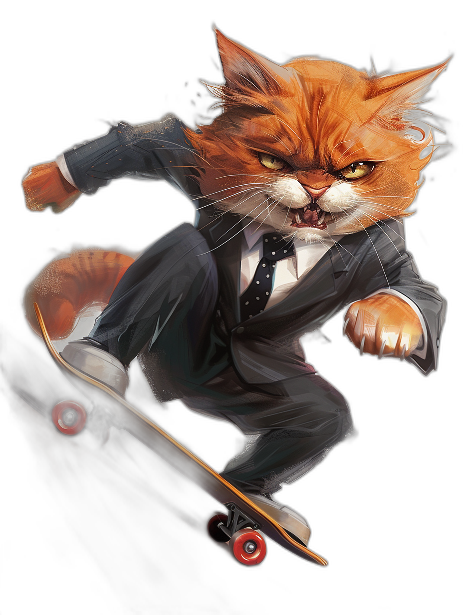 character design of an angry ginger cat in suit, riding on skateboard, black background, concept art by [Greg Rutkowski](https://goo.gl/search?artist%20Greg%20Rutkowski) and [Thomas Kinkade](https://goo.gl/search?artist%20Thomas%20Kinkade), trending pixiv fanbox, acrylic palette knife, hyper detailed, digital artwork