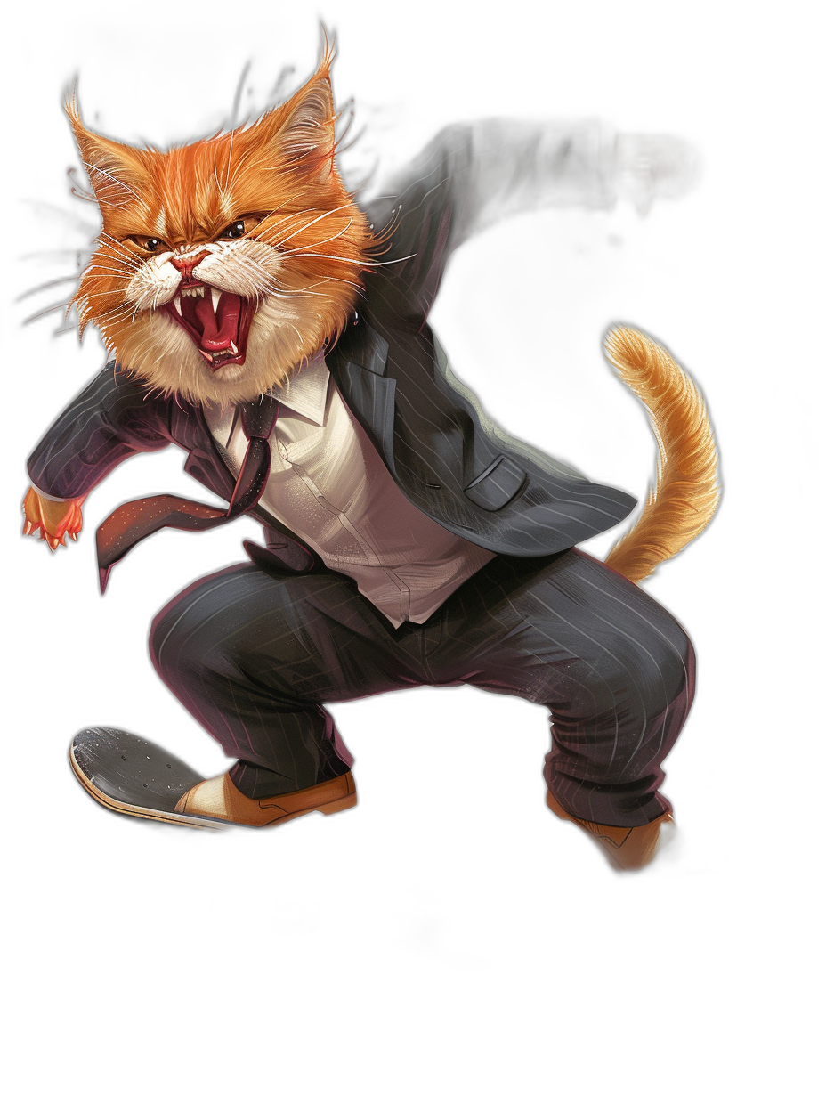 A ginger cat in a suit, angry and jumping, on a black background, full body character design in the style of [Sui Ishida](https://goo.gl/search?artist%20Sui%20Ishida), digital art, in the style of Pixiv artwork.