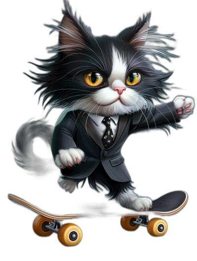 An adorable black and white cat cartoon character in professional attire, riding on a skateboard isolated on a black background, in the clipart style, in the hyper realistic, hyper detailed style.