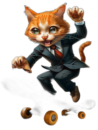 A cute orange cat in a suit and tie, with a smiling expression, big eyes and long eyelashes is riding on a skateboard in motion blur on a black background. It is a detailed illustration in the style of Nyo, a trending artstation 2D game design concept. The digital art is for mobile games and was created with digital airbrushing in ultra high resolution as a full body portrait with professional photography and sharp focus under studio lighting.