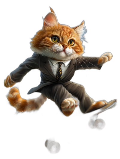 A realistic illustration of an orange cat wearing a business suit and tie, riding roller skates, with yellow eyes, flying up against a black background, as a full body portrait, as a cute cartoon character in the style of Disney, as digital art, with detailed rendering, in a playful mood, with high resolution and high detail, with a close-up view.