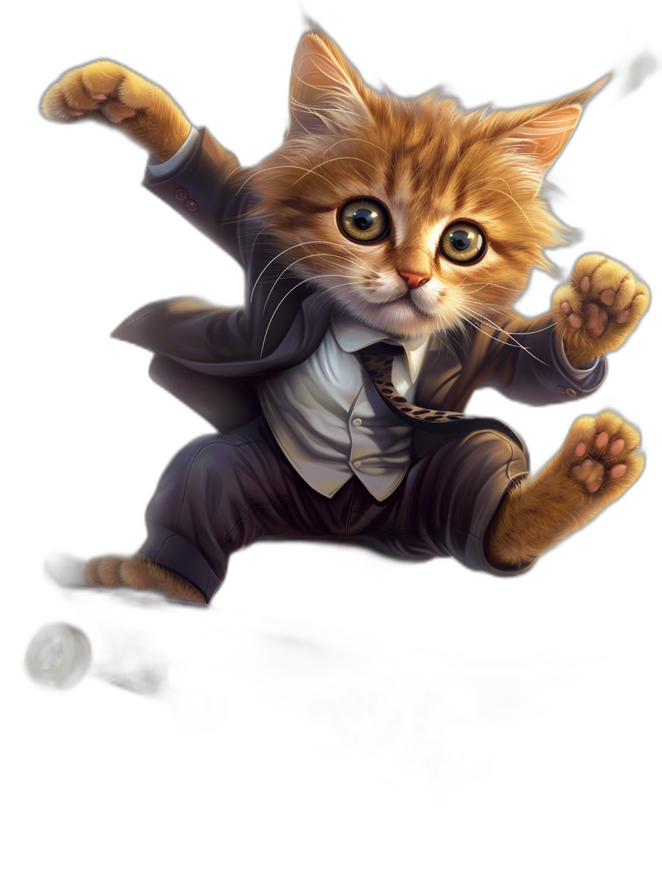 A cute ginger cat in a business suit doing kung fu in the style of a cartoon, on a black background, detailed, digital art, fantasy art.