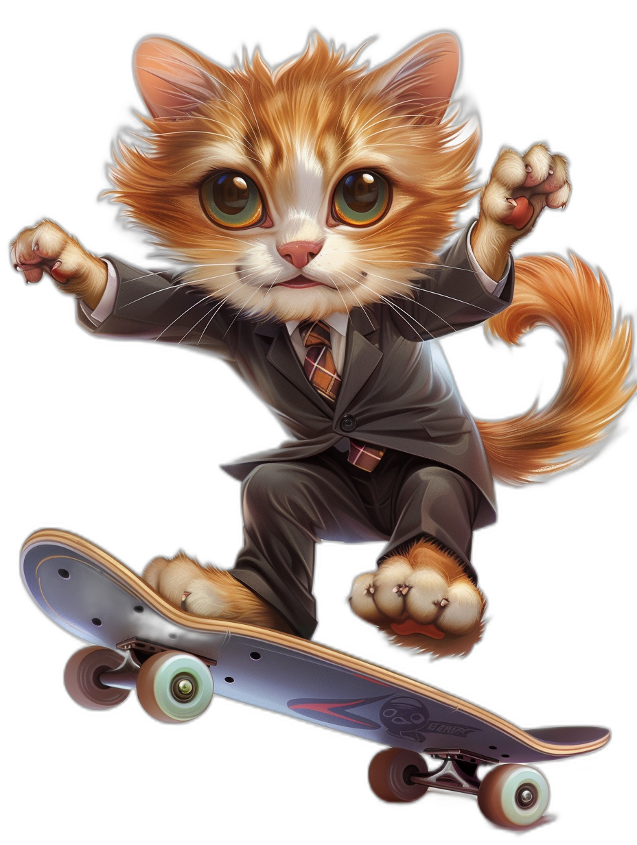 A cute ginger cat in a suit and tie riding on a skateboard, vector illustration in the style of rockstar style, black background, high resolution, high quality, high detail, high definition, high sharpness, high focus, high depth of field.