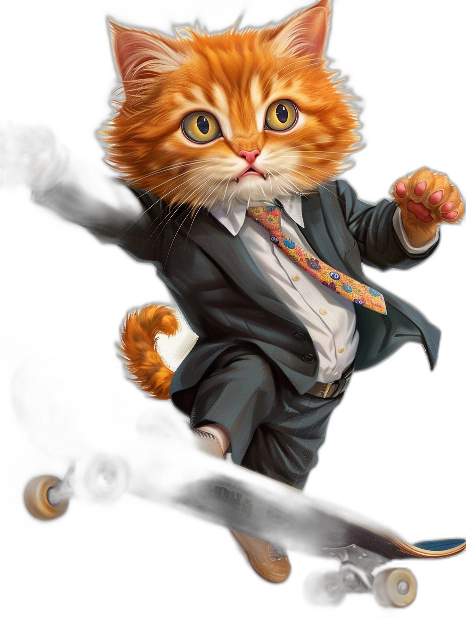 A cute orange cat in a suit and tie is riding on a skateboard against a black background in a full body shot, in the style of [Tiago Hoisel](https://goo.gl/search?artist%20Tiago%20Hoisel), in a caricature-like and playful style, with high resolution.