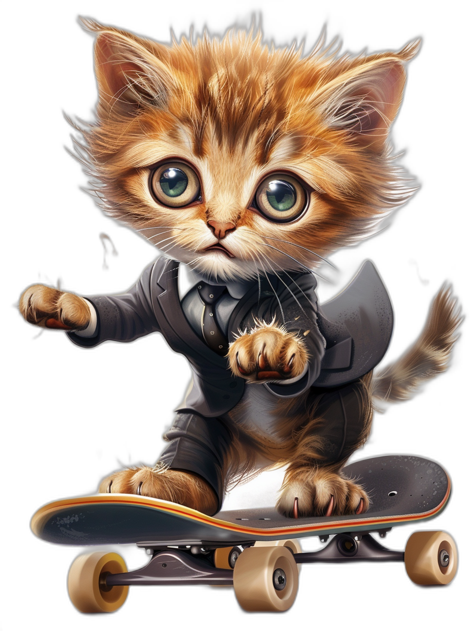 t-shirt design, cute baby cat in suit riding on skateboard, full body shot with big eyes, vector illustration by [Artgerm](https://goo.gl/search?artist%20Artgerm) and [Greg Rutkowski](https://goo.gl/search?artist%20Greg%20Rutkowski) and [Alphonse Mucha](https://goo.gl/search?artist%20Alphonse%20Mucha), ultra detailed, black background, isolated