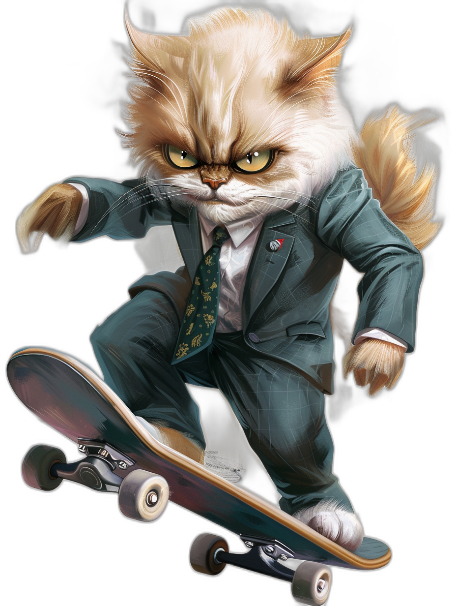 a realistic digital illustration of an angry cat in business suit and tie, riding on skateboard, black background, full body shot, fantasy art style, character design by [Studio Ghibli](https://goo.gl/search?artist%20Studio%20Ghibli), d&d