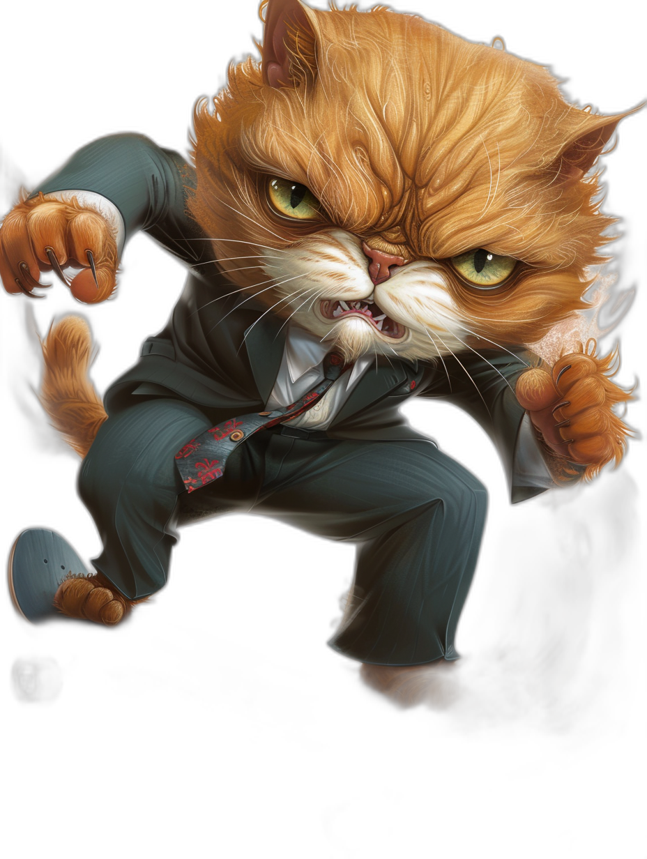 an angry ginger cat in suit, ready to fight with his claws outstretched , black background, by [Tiago Hoisel](https://goo.gl/search?artist%20Tiago%20Hoisel), caricature-like, playful caricatures and cartoonish character design, graphic novel-inspired, high resolution digital illustration inspired by [Richard Scarry](https://goo.gl/search?artist%20Richard%20Scarry) illustrations, fantasy characters