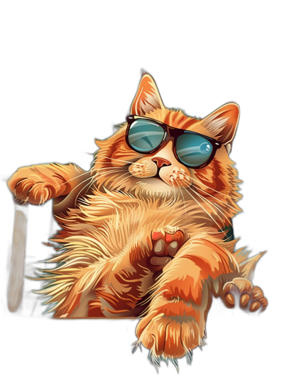 digital art of cool fat orange cat , wearing sunglasses and holding cigar, chill vibes, black background, full body portrait