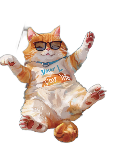 A happy dancing orange fat cat with a white belly, wearing glasses and a t-shirt that says "Your Life Is Your Buddhist", in the style of vector art, on a black background, high resolution, high quality, high detail, with sharp focus and intricate details.