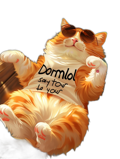 A cute fat orange and white cat wearing sunglasses, holding up the words "Dormol say hello" on his chest with one paw, lying down with a smiling expression against a black background. The cat is wearing a white t-shirt and drawn in a cartoon style with anime influences in the style of Dormol. It is a high definition, high resolution illustration featuring bright colors, warm tones and texture depicting the cat's fluffy fur.