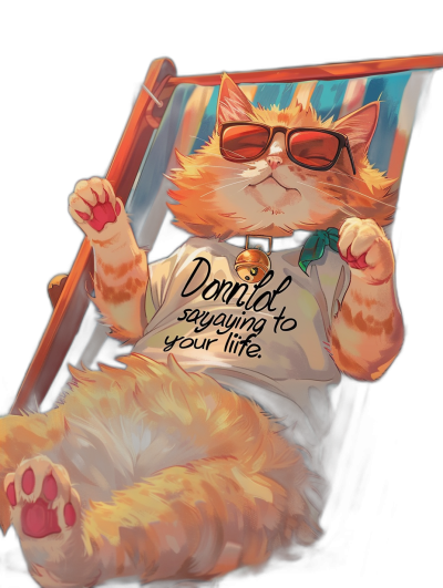 A cat wearing sunglasses and a t-shirt with the text "Don't say sprite to your life", lying on a beach chair, black background, cartoon style, digital art in the style of [Artgerm](https://goo.gl/search?artist%20Artgerm) and [Loish](https://goo.gl/search?artist%20Loish), Disney animation style, furry kawaii orange tabby fat cat, full body portrait.