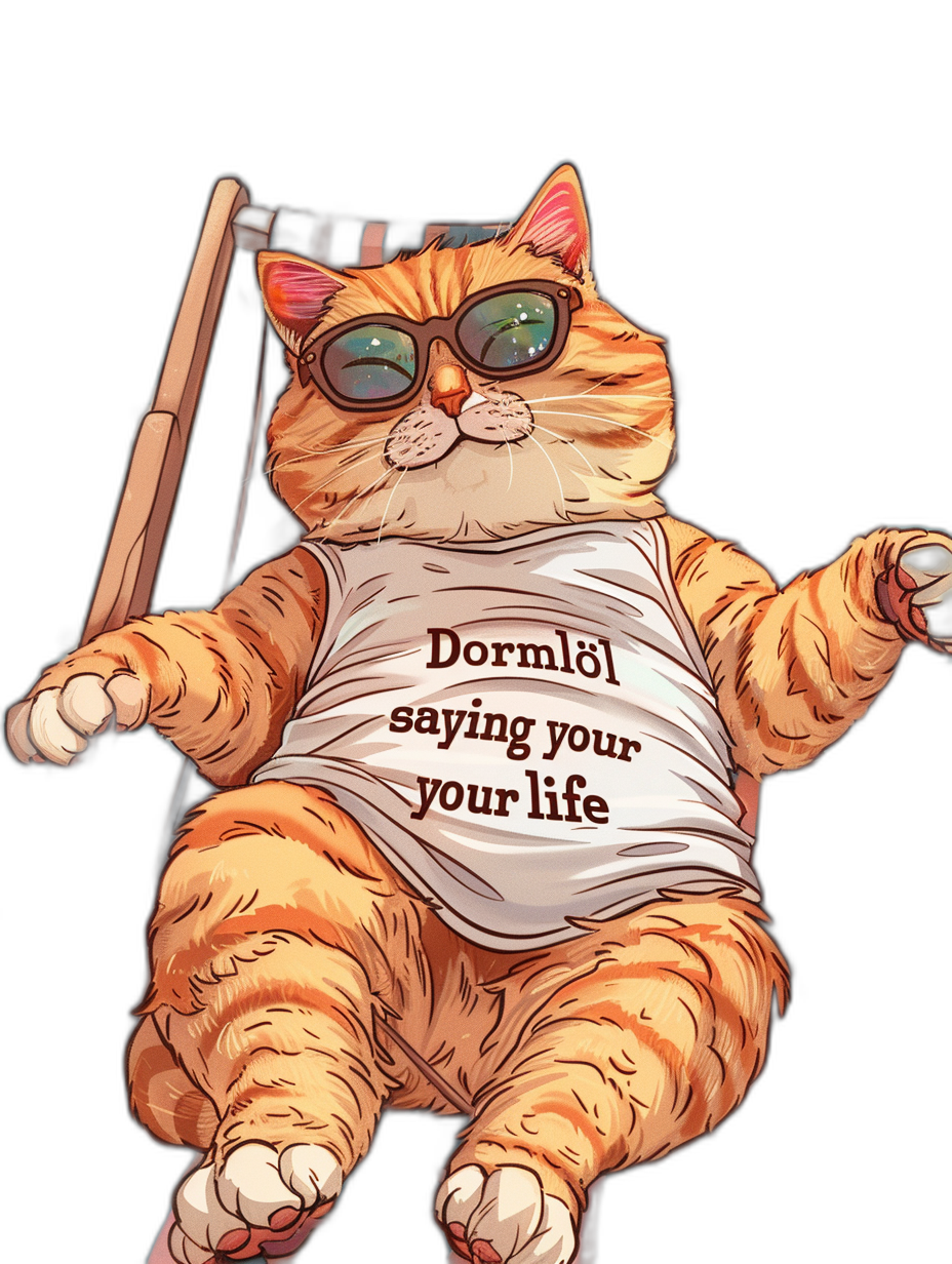 a funny illustration of an orange cat wearing sunglasses and white t-shirt with the text “D Merrill saying your life” on it, lying in bed holding a baseball bat, black background, vector art style