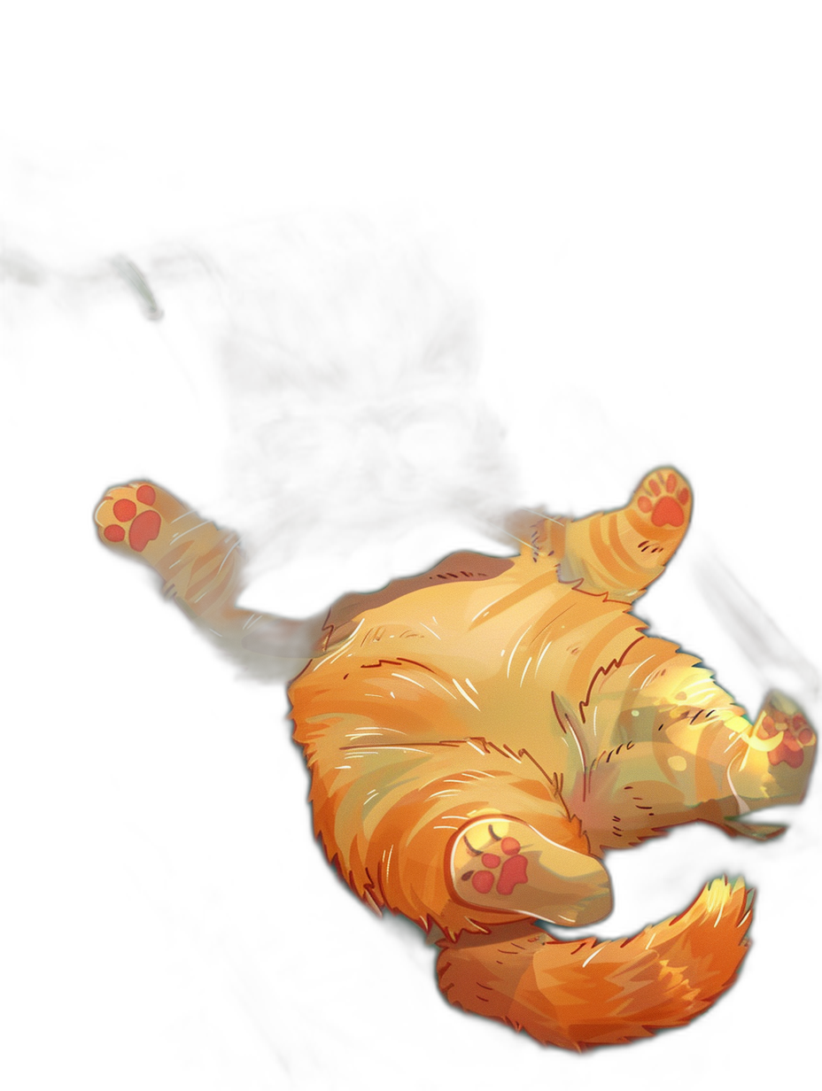 An orange cat laying on its back, paws in the air, cute, in the style of anime, dark background, digital art