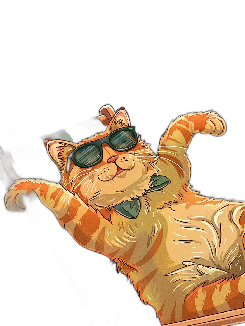 A funny illustration of an orange cat wearing sunglasses and sitting on a roof with his paws hanging off, he is holding onto one side while smiling at the camera, in the style of a cartoon, black background, cute.