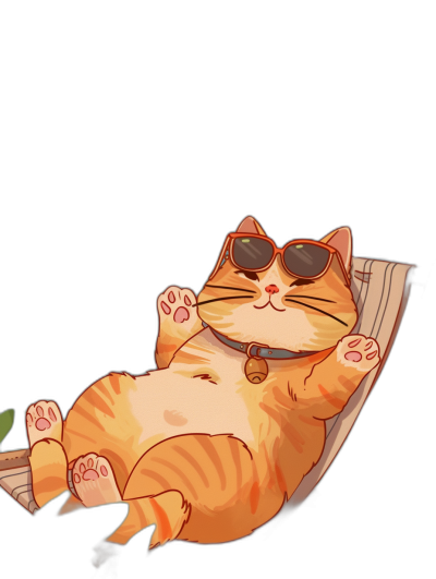 A chubby ginger cat wearing sunglasses lounging on an outdoor hammock against a black background, in a chibi style with anime elements.