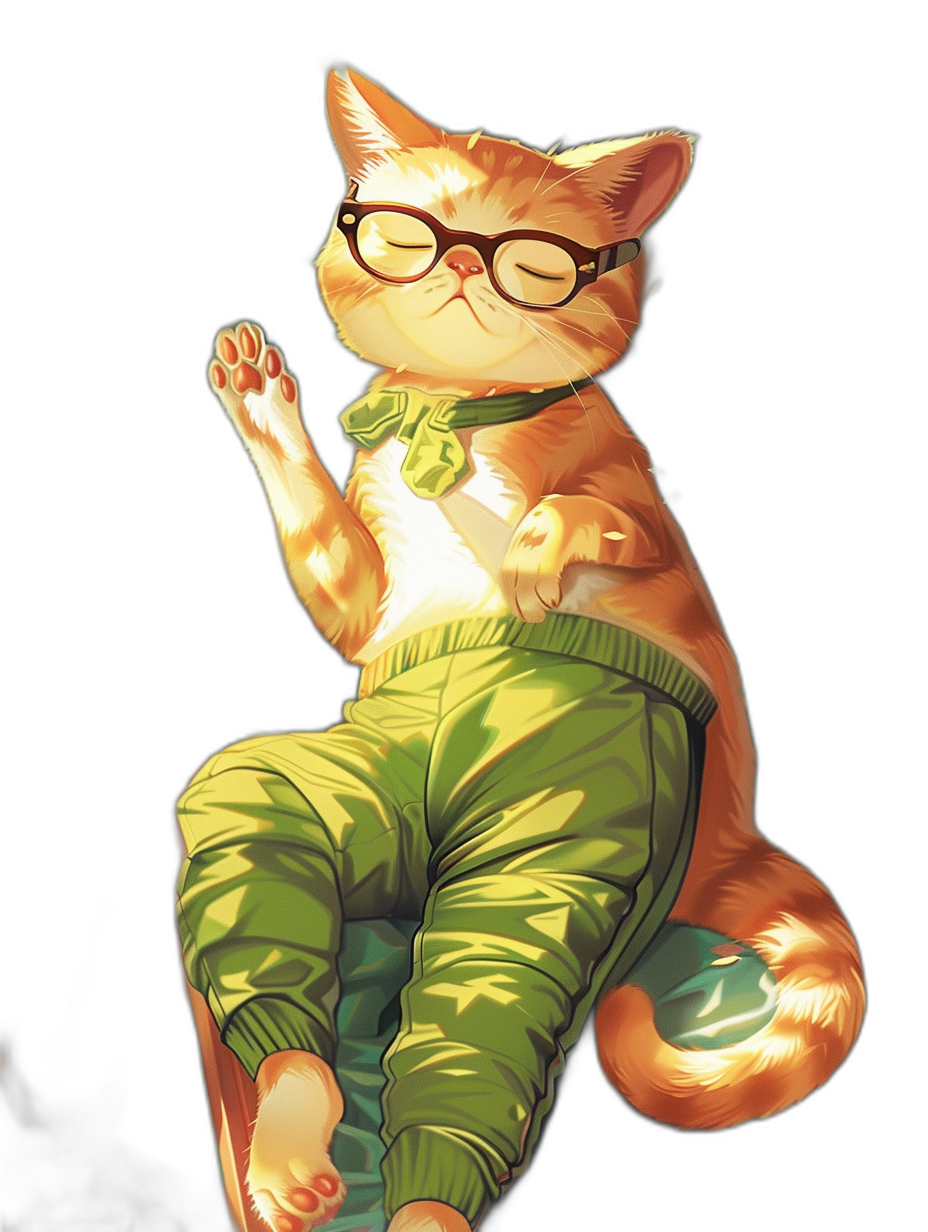 A full body illustration of an orange cat with glasses and green pants, doing yoga on a black background, in the style of [Artgerm](https://goo.gl/search?artist%20Artgerm), with his tail curled up around him like he’s holding it in a very cute way, wearing a bow tie.