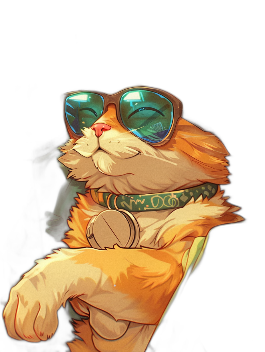 digital art of cute and fat orange cat , wear sunglasses with green neck collar, hand holding an iphone 6s in white color, wearing black tshirt , black background , chill happy expression , smile and enjoying the music , minimal painting style