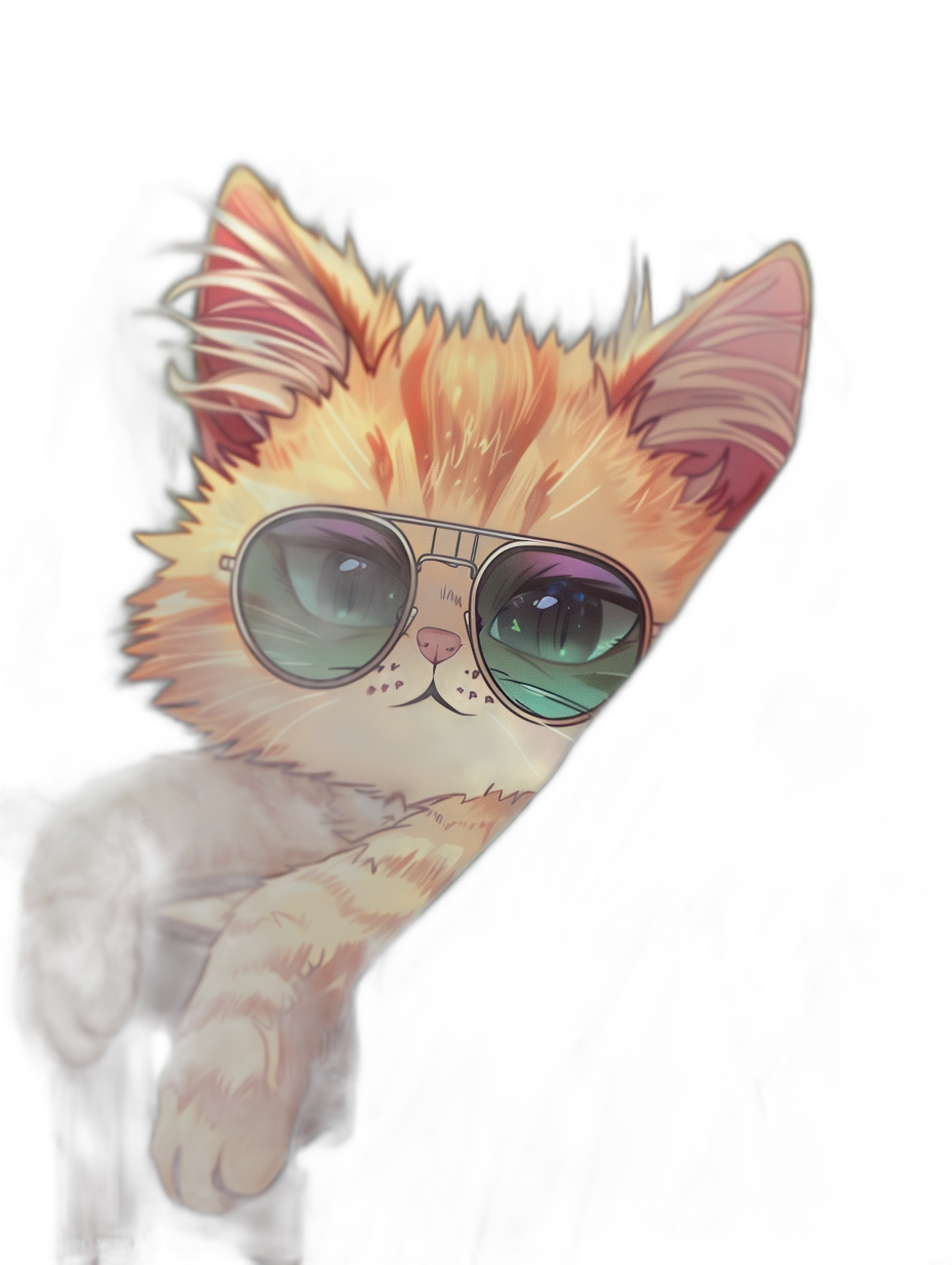 digital art of cute kitten , wear sunglasses, black background , chill and funny vibes, holding an angle with hand outstretched to the side , cat head is peeking from behind arm