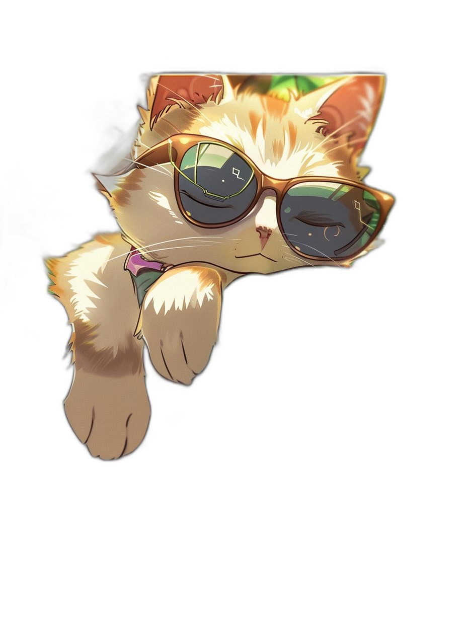 A cute cat wearing sunglasses is depicted in the style of anime with vibrant colors and a playful expression, peeking out from the left side of a black background, showcasing its adorable features. The illustration was created using digital art techniques to emphasize cuteness.