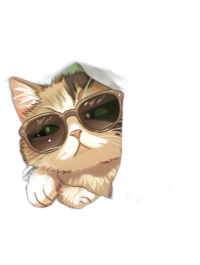 digital art of cute grumpy cat wearing sunglasses , black background, minimalistic style , one paw outside the shadow and eye is visible , pastel color theme