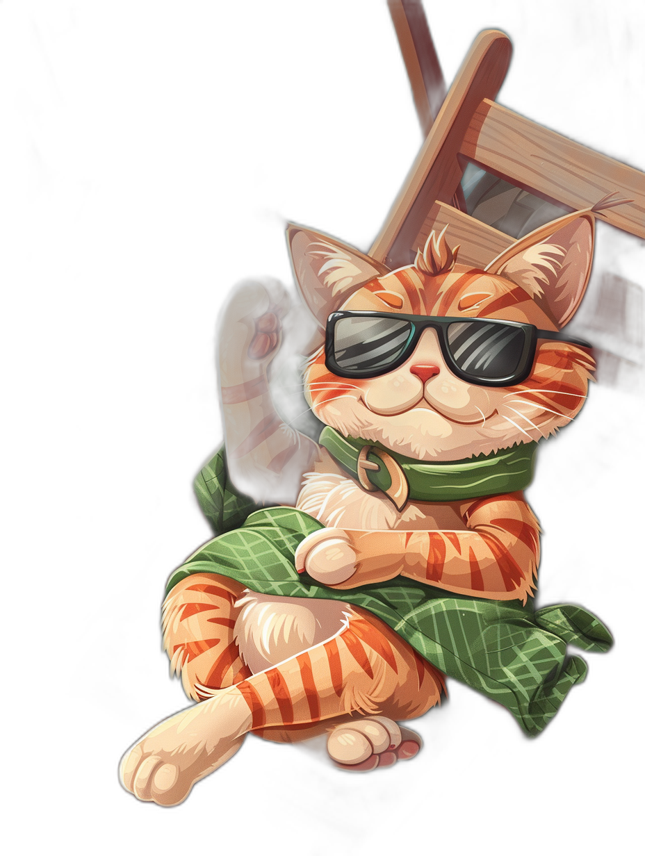 a cartoon illustration of an orange tabby cat wearing sunglasses and sitting on top of green blanket with striped chair, black background, digital art by [Artgerm](https://goo.gl/search?artist%20Artgerm), [Studio Ghibli](https://goo.gl/search?artist%20Studio%20Ghibli) style