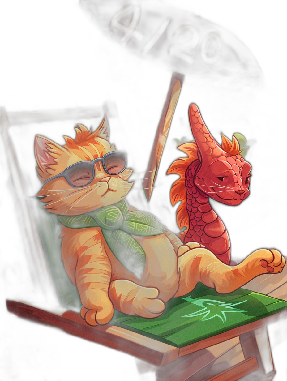 A digital illustration of an orange cat wearing sunglasses and a green scarf sitting on a chair, a red dragon sleeping next to him in a cartoon style, black background, concept art in the style of Pixar studio.