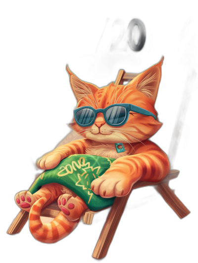 digital art of cute and fat orange cat , wear sunglasses, holding tshirt with green color in hand sitting on the beach chair black background , chilling happy and funny