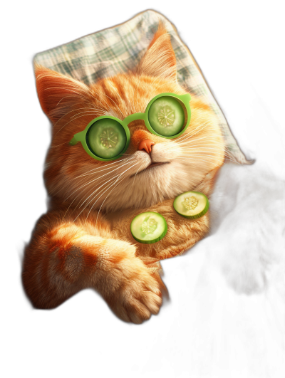 A cute ginger cat with green glasses on, wearing pajamas and holding cucumber slices in its paws for eye contour cream or face mask, photo realistic in the style of professional photography, high resolution, dark background, high definition.