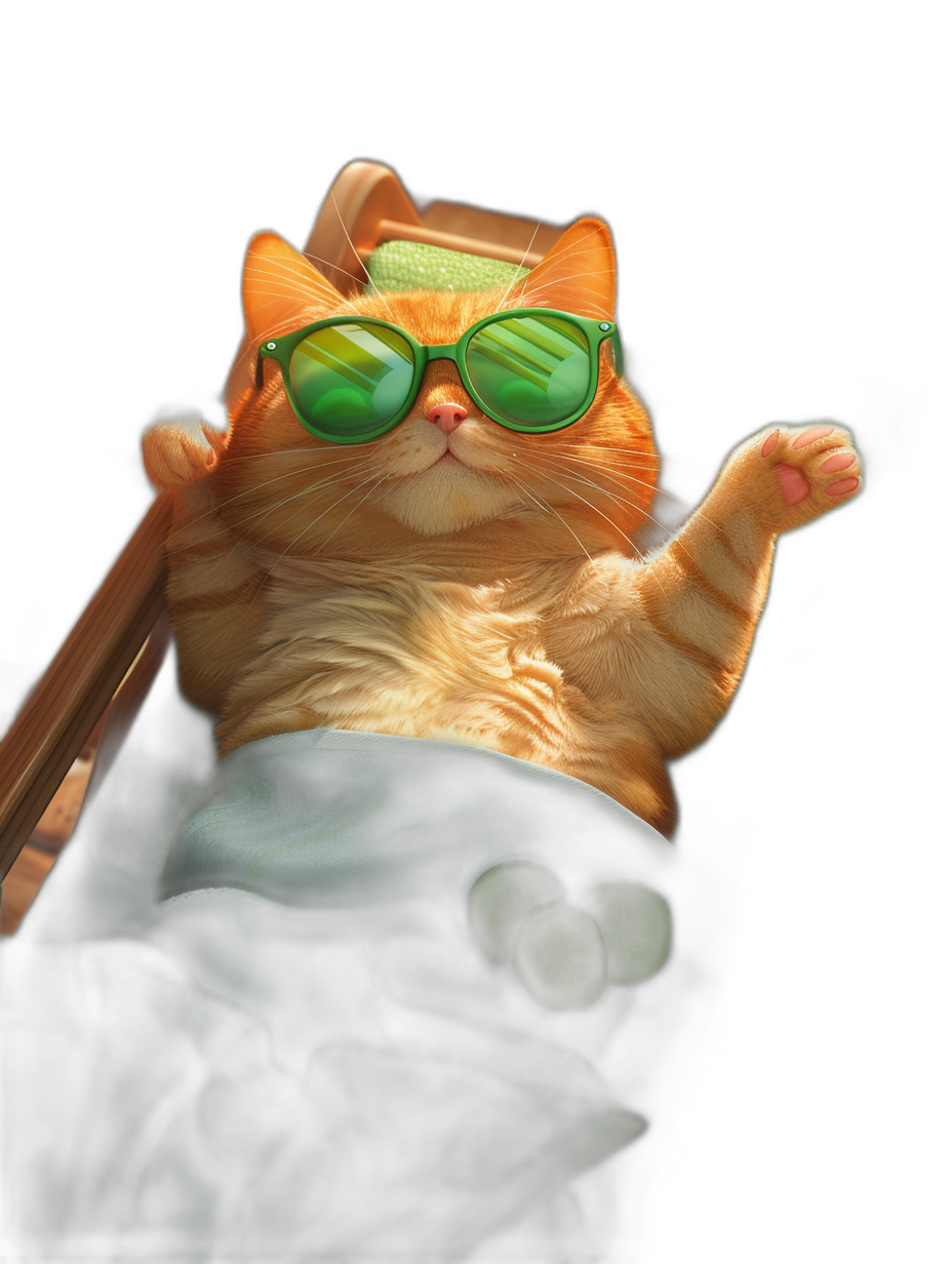 A ginger cat sunbathing with green sunglasses, on a black background, lying in a spa chair and relaxing, in the style of digital airbrushing, with high resolution, hyper-realistic details, dark reflections, a contest winner, cute cartoonish designs.