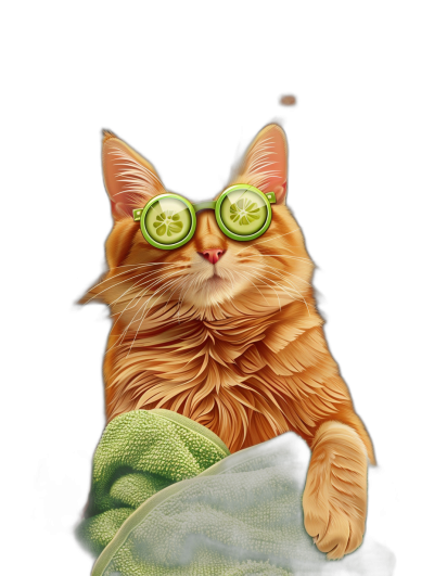 a red cat with cucumber slice glasses, wrapped in green towel on black background, photorealistic illustration style, funny and cute