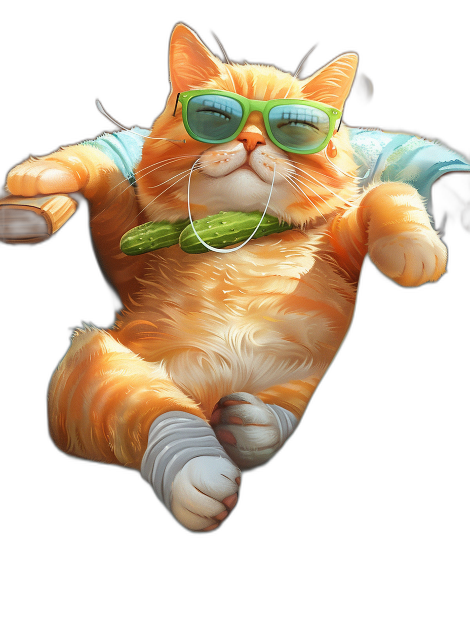 A plump orange cat with green sunglasses and bandages on its legs is flying in the air, holding cucumber in his mouth, cartoon style, black background, 3D rendering, high resolution, cute, bright colors, full body portrait, high detail, high quality.