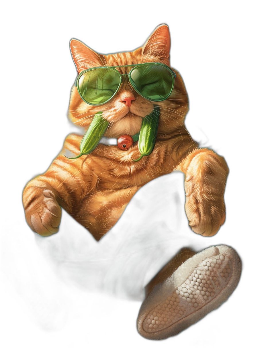 a happy ginger cat with green sunglasses and lycra pants, he is holding some fresh cannabis leaves in his mouth, he has white airbrushed shoes on, black background, digital art style