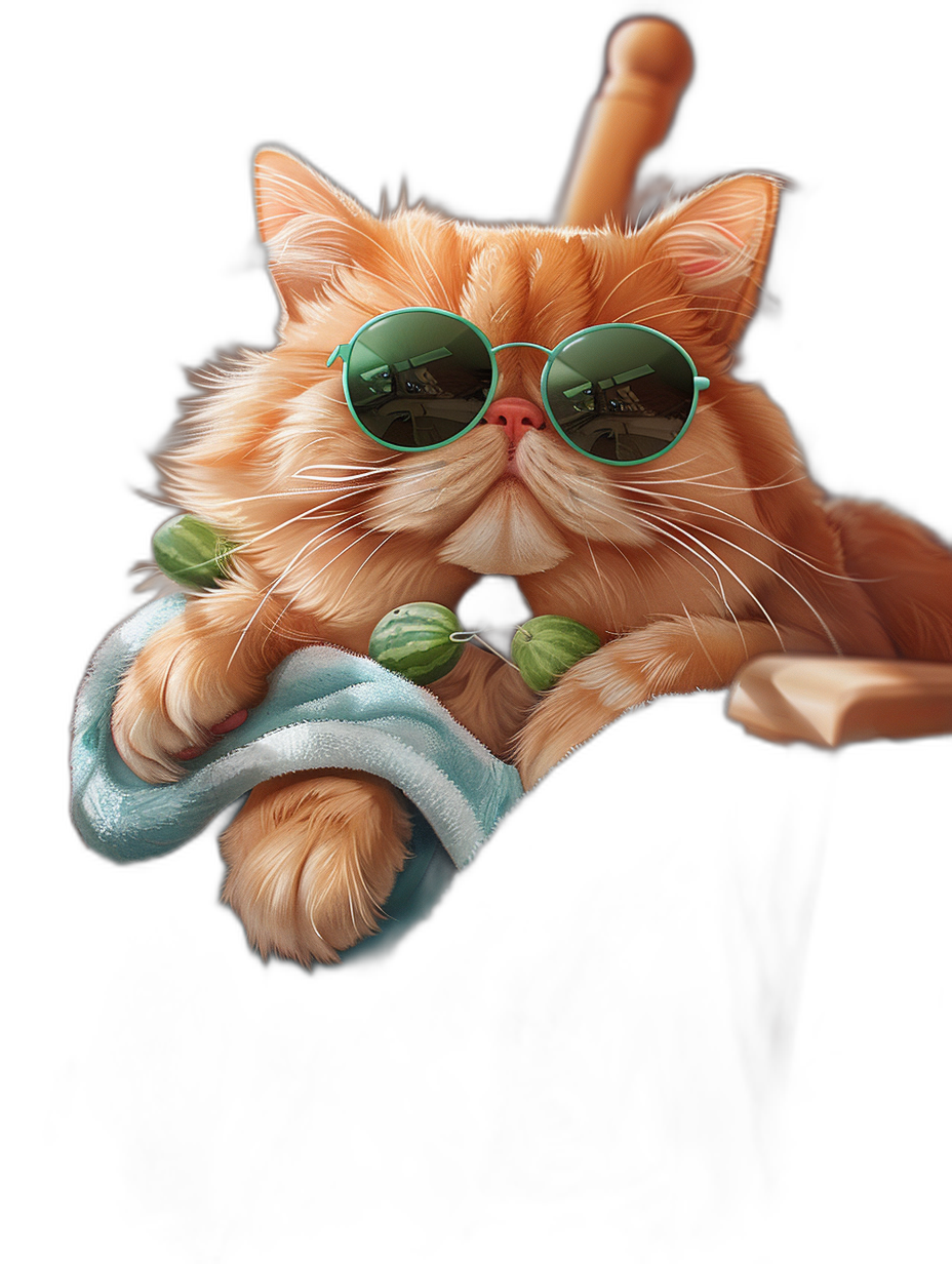 digital art of cute fat orange cat , wearing sunglasses and blue towel, lying on black background pastel dark green color scheme , chill expression , holding watermelon in hand