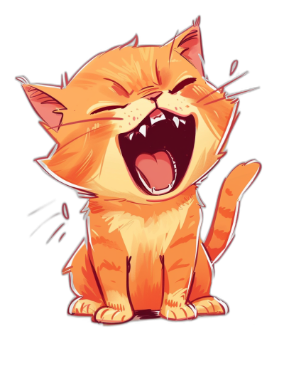 A cute cartoon orange cat laughing in the style of vector art, isolated on a black background with high contrast.