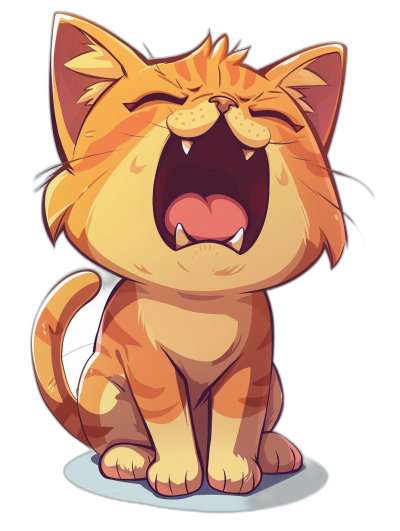 A cute cartoon illustration of an orange cat laughing with its mouth open, in the style of vector art, sticker design, isolated on a black background, with flat colors, in the style of vector artwork, die cut sticker shape, with detailed character illustrations, a solid white border, in the style of [Studio Ghibli](https://goo.gl/search?artist%20Studio%20Ghibli) anime, with high contrast shading.