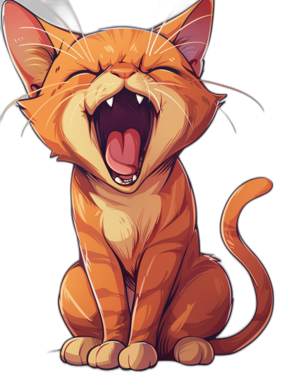 A cute orange cat laughing with its mouth open in the style of a vector illustration, black background, high resolution