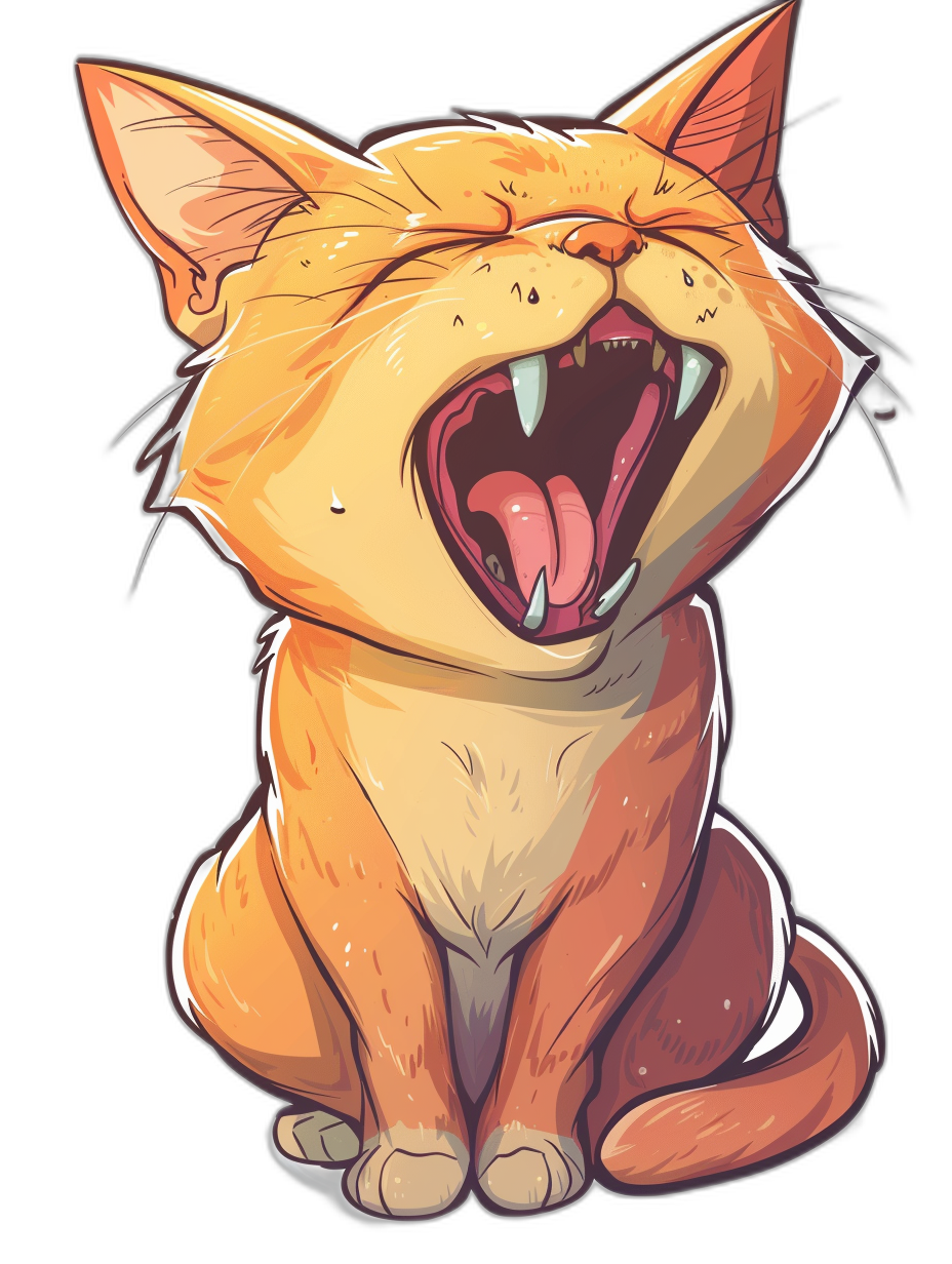 t-shirt design, vector cartoon illustration of an orange cat laughing with its mouth open and tongue out, full body, black background, no mockup in the style of Disney Pixar animation