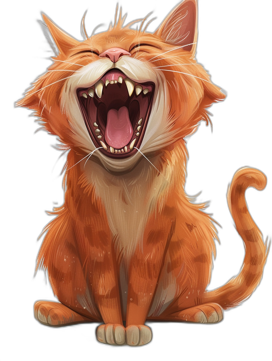 A cartoon illustration of an orange cat laughing, full body, isolated on a black background, digital art in the style of [Artgerm](https://goo.gl/search?artist%20Artgerm) and [Atey Ghailan](https://goo.gl/search?artist%20Atey%20Ghailan), in the style of a DnD character portrait.