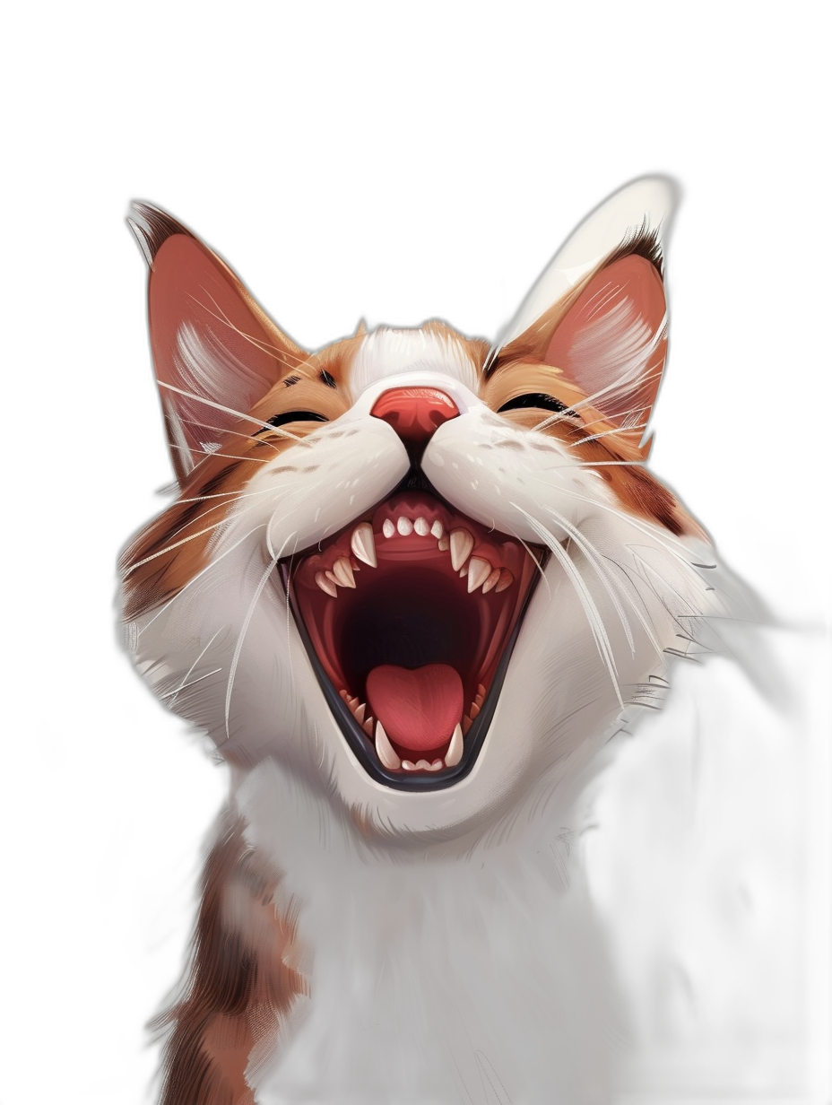 A happy smiling cat with its mouth open, in the digital art style, painting illustration, ultra high resolution, black background, hyper realistic.