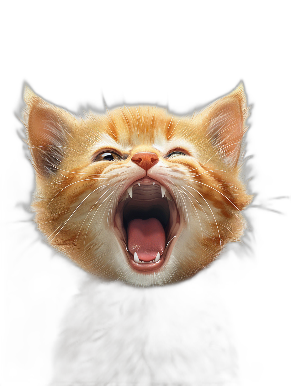 front view of a happy smiling cute ginger kitten with its mouth open showing big teeth, black background, hyper realistic game item art in the style of an item.