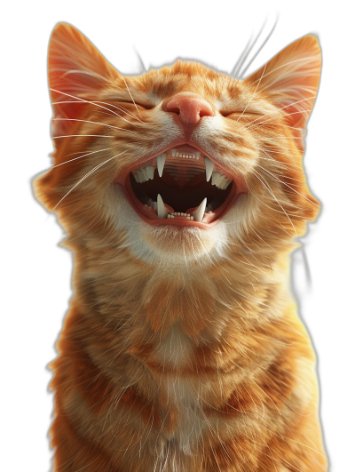 ginger cat smiling with teeth showing, hyper realistic in the style of octane render, isolated on black background