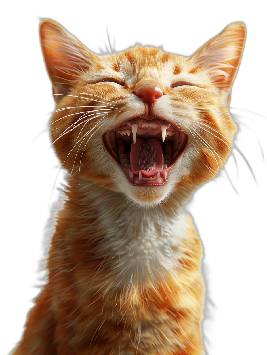 A cute smiling ginger cat with an open mouth showing sharp teeth against a black background, in the hyper realistic digital art style.