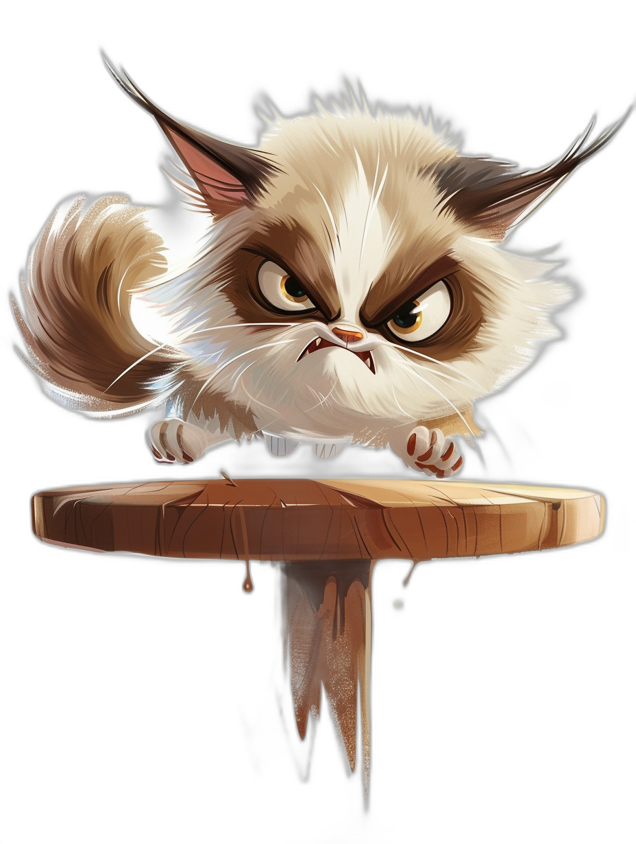 vector cartoon of an angry grumpy cat jumping on a table with a wooden edge against a black background, in the style of an angry grumpy cat.